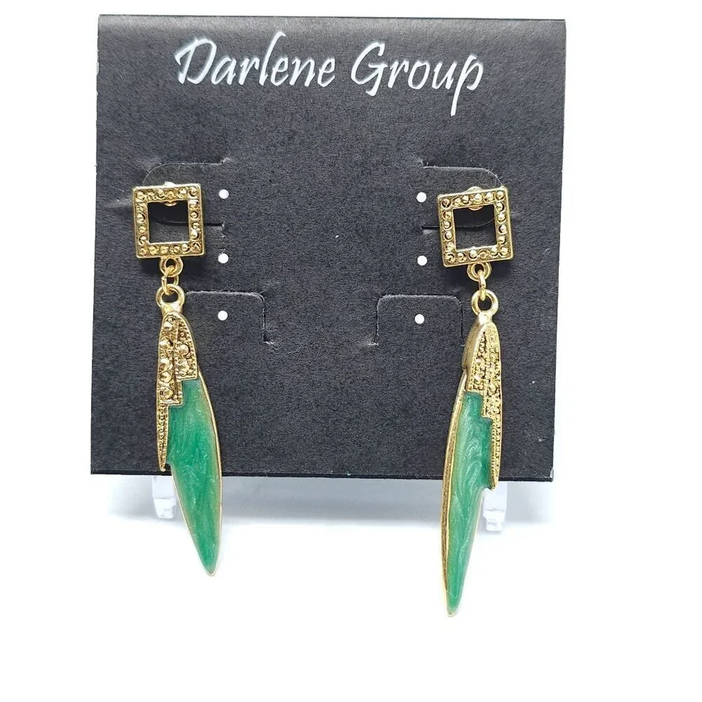 Darlene Group Green Enamel Gold Dangle Earrings Art Deco Style